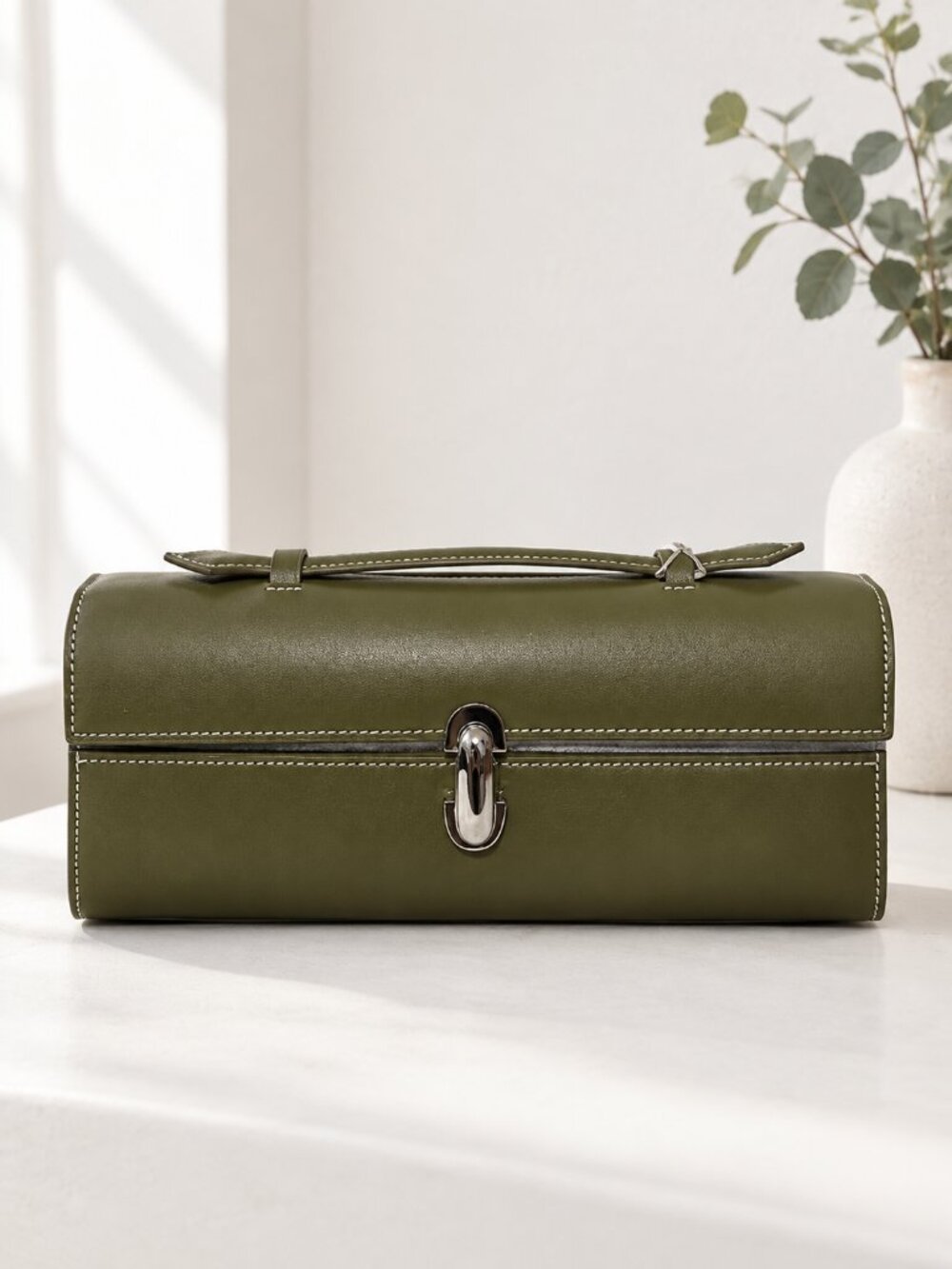 S Brand Olive Green Leather Case Top Handle Silver Clasp NWT 0871